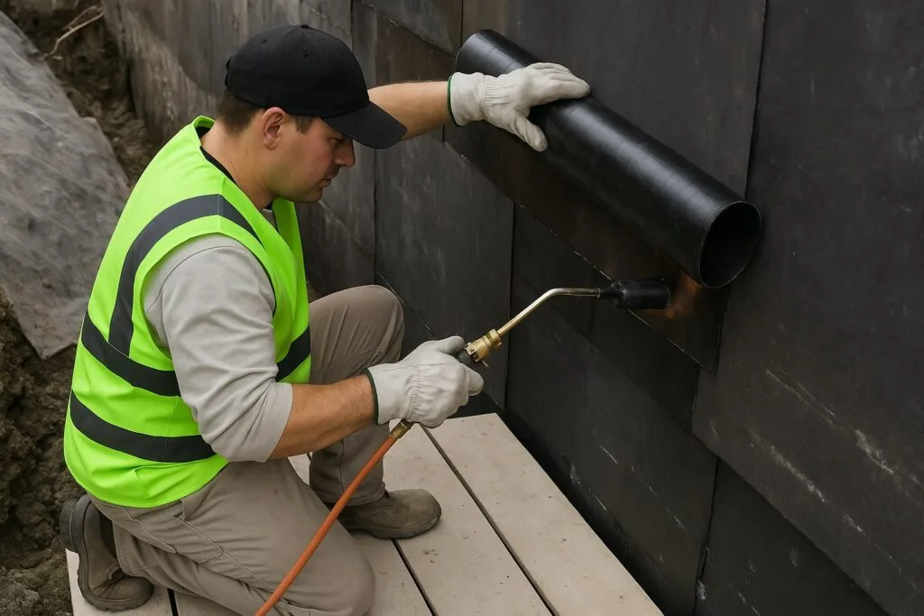 Viking torch-on tanking membrane installation by Auckland Waterproofing Experts for below-ground waterproofing and long-term structural protection