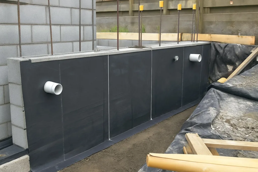 Advanced waterproofing system for retaining walls, installed by Auckland Waterproofing Experts, highlighting key product features and specialised protection