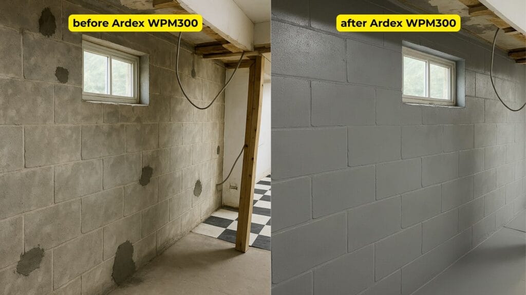 Ardex WPM300 waterproofing membrane before and after application, demonstrating effective moisture protection and surface transformation by Auckland Waterproofing Experts