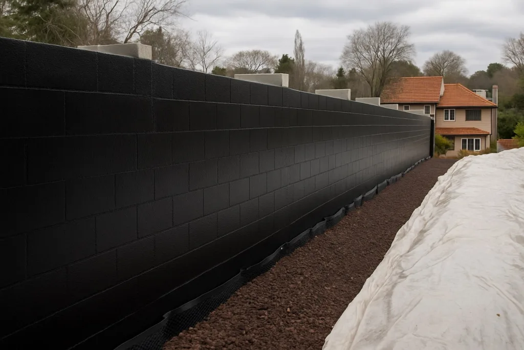 Concrete waterproofing in Auckland by professional contractors, showing membrane installation to protect foundations and prevent water ingress