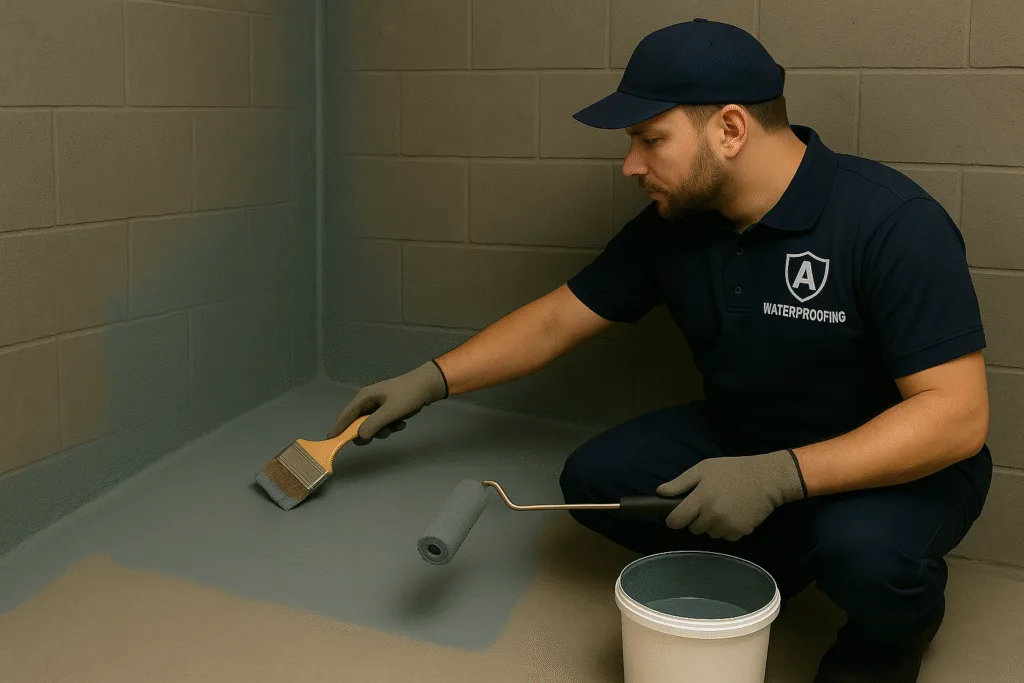 Professional hydropoxy waterproofing application by Auckland Waterproofing Experts - skilled technician applying advanced waterproof coating system