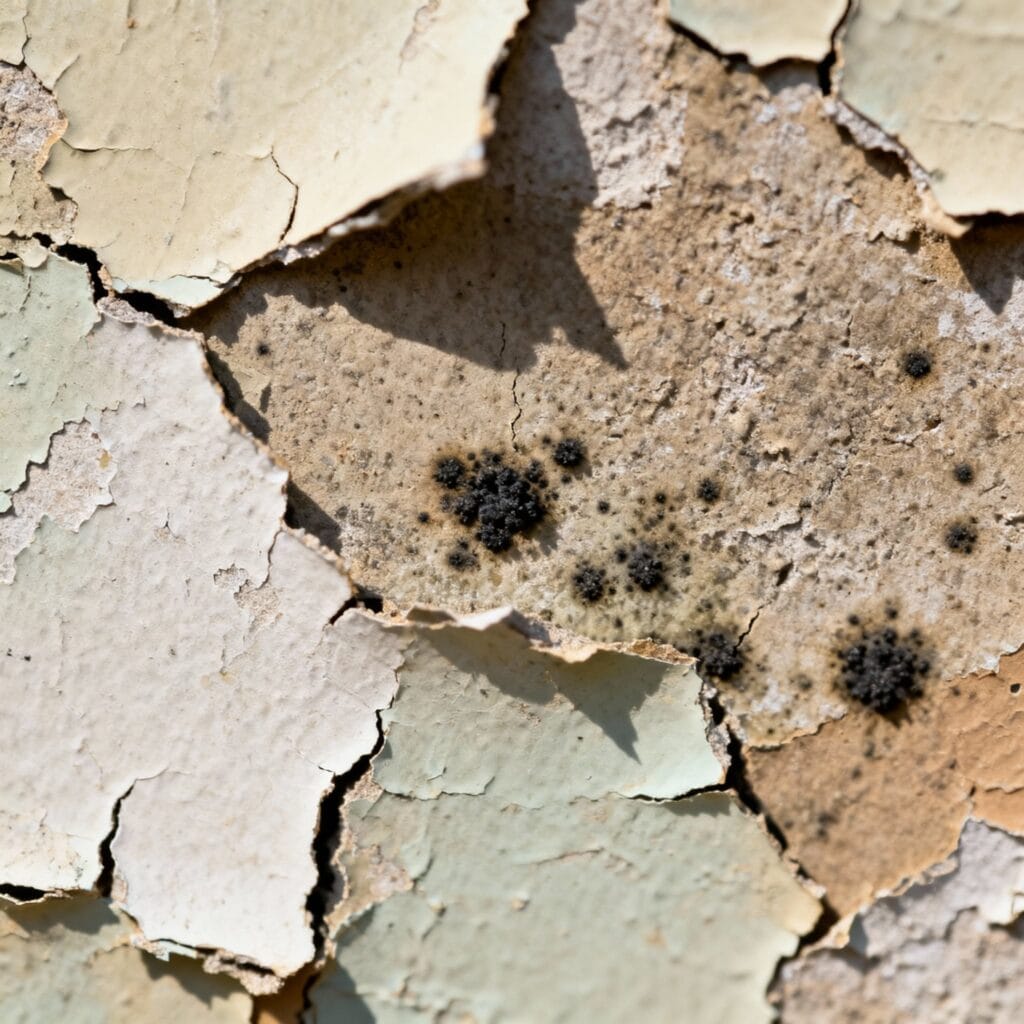 black mould damage Close-up view of damaged ceiling with peeling paint and black mould