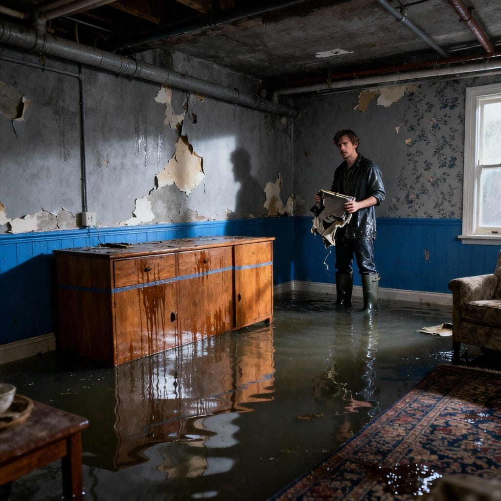 flooded basement Basement flooded with water damaging furniture and interior, illustrating severe water damage and renovation needs