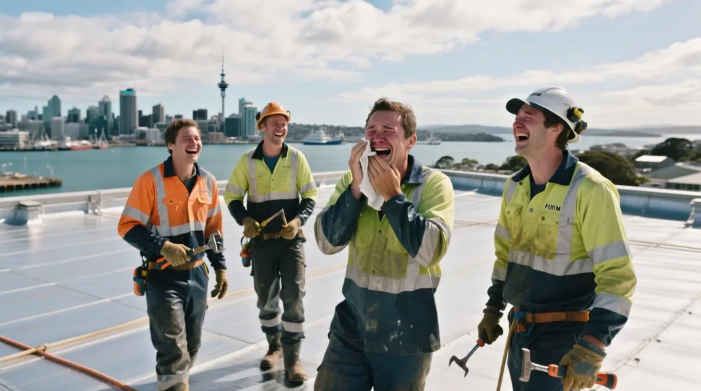 Professional waterproofing contractors laughing and enjoying their work in Auckland - A Waterproofing team building camaraderie