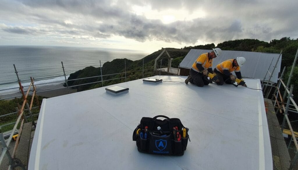tpo-roof-long-bay-awaterproofing TPO roofing membrane installation by Awaterproofing – expert waterproofing solution for flat and deck roofs in Auckland homes and businesses