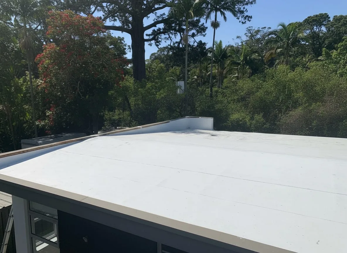 TPO membrane being installed on a flat roof in Auckland, showing a durable, weather-resistant waterproofing solution for New Zealand homes