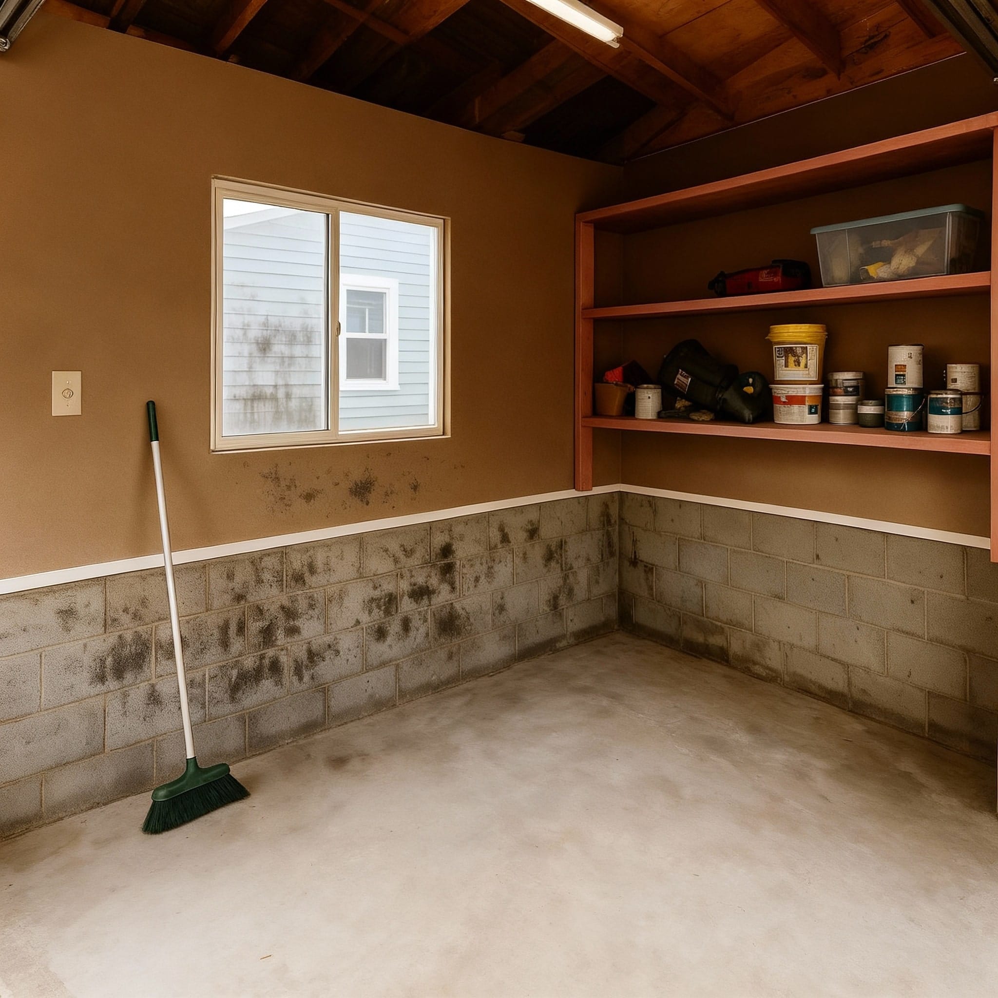 地下室墙上的霉菌和水渍，展示潮气渗透的影响和防水解决方案的重要性