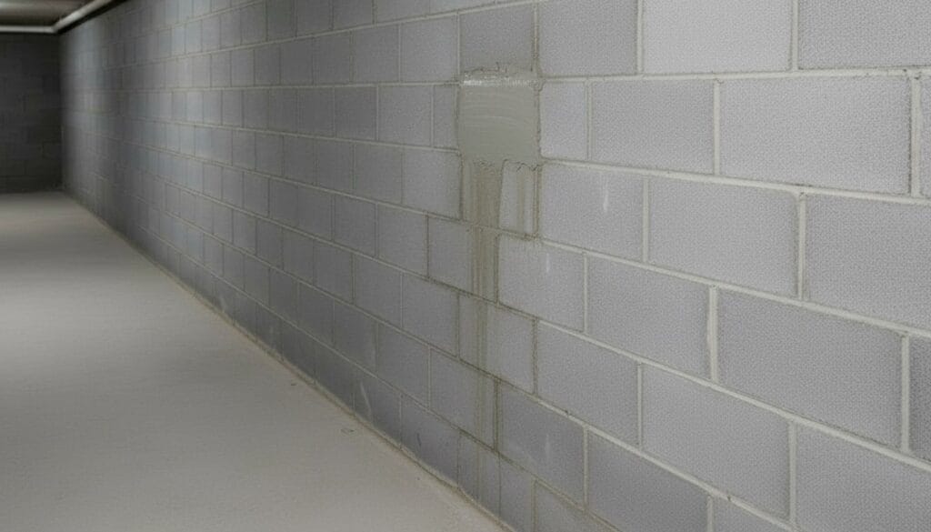 Mapei-Lamposilex-Basement-Leak-Stop Mapei Lamposilex used for basement leak repair – shows waterproofing application on concrete wall to stop active water ingress.