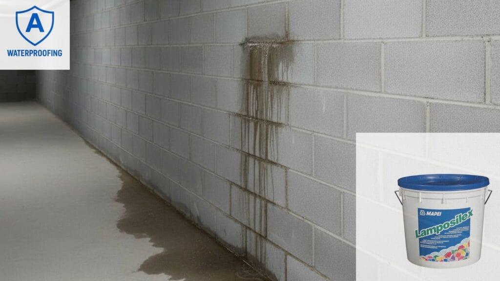 Mapei-lamposilex-stop-basement-leaks Leaking basement wall in Auckland with visible water damage and stains, showing need for professional waterproofing and leak repair. Mapei Lamposilex.