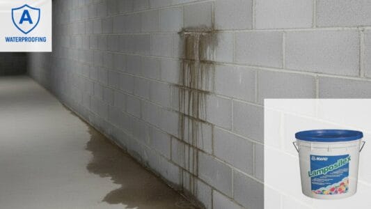 Mapei-lamposilex-stop-basement-leaks Leaking basement wall in Auckland with visible water damage and stains, showing need for professional waterproofing and leak repair. Mapei Lamposilex.