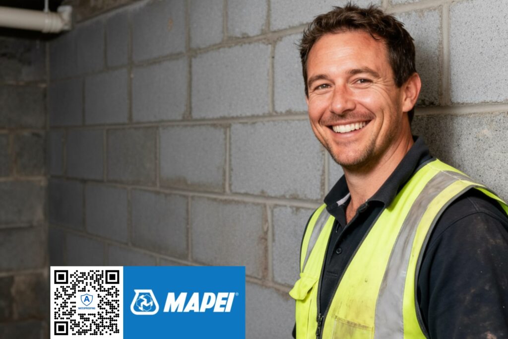 Professional waterproofing technician applying Mapei Lamposilex and Planiseal MR to basement wall for leak repair in Auckland, demonstrating expert installation techniques for basement wall waterproofing
