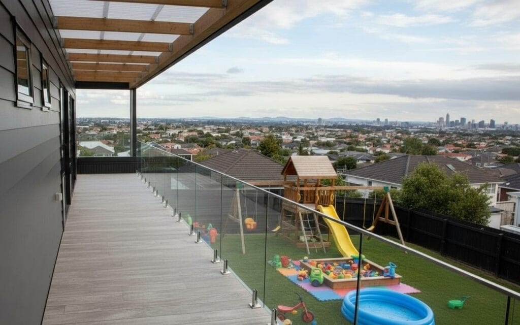 dec-k-ing-east-auckland- Viking Dec-K-ing waterproof decking installed on a modern Auckland patio, showing its seamless surface and robust weather protection.