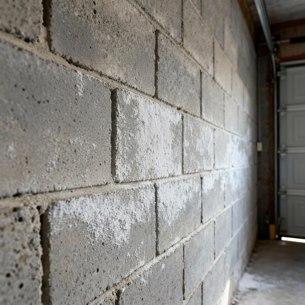 efflorescence on the garage wall Efflorescence on basement wall in Auckland, showing white mineral deposits from water seepage—highlighting need for expert waterproofing.