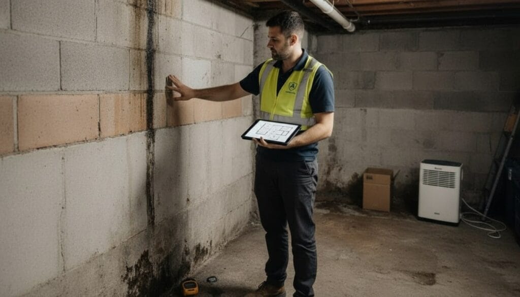 Basement inspection showing water leakage and mould problems in an Auckland home, highlighting the need for expert waterproofing solutions.