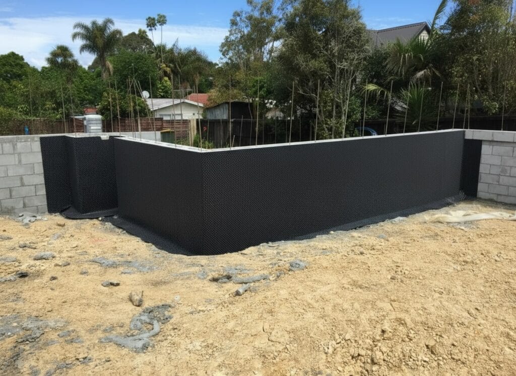 A professionally waterproofed concrete retaining wall in Auckland, showcasing expert installation methods to prevent water damage and moisture ingress.”A professionally waterproofed concrete retaining wall in Auckland, showcasing expert installation methods to prevent water damage and moisture ingress