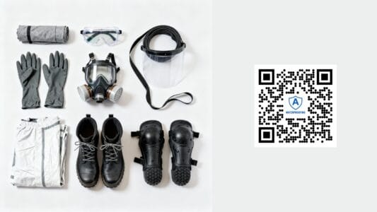 safety-equipment-for-basement-waterproofing Protective gloves, safety goggles, and a respirator mask arranged as essential safety equipment for basement waterproofing work.