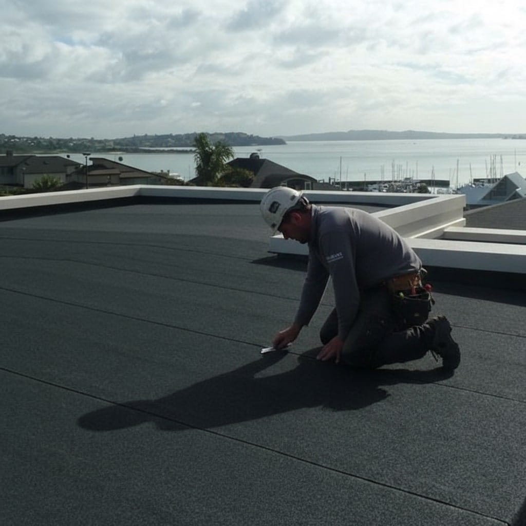 torch-on-membrane-installation-nz Torch-on membrane being installed on a flat residential roof in Auckland, showcasing high-quality modern waterproofing technique.
