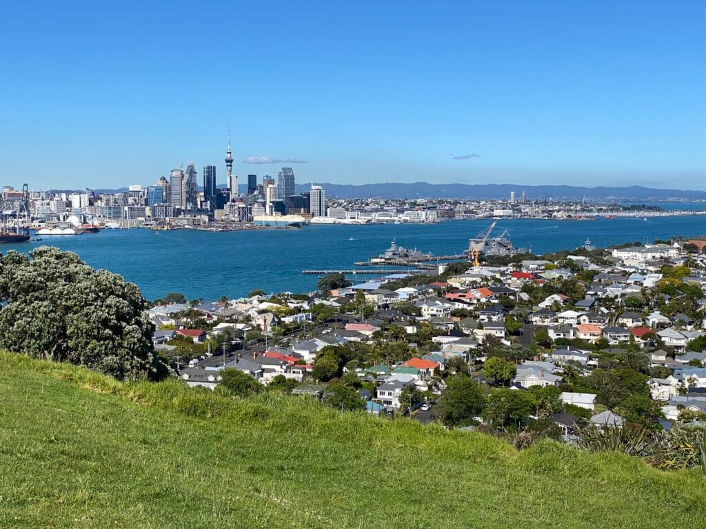 Wide view of Auckland city skyline with the harbour, Sky Tower, and residential suburbs with their waterproofed roofs under a clear blue sky.