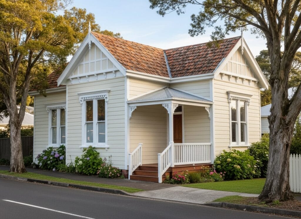 Pre-1960s-auckland-house Pre-1960s Auckland weatherboard house with a pitched roof and front garden on a cloudy day.