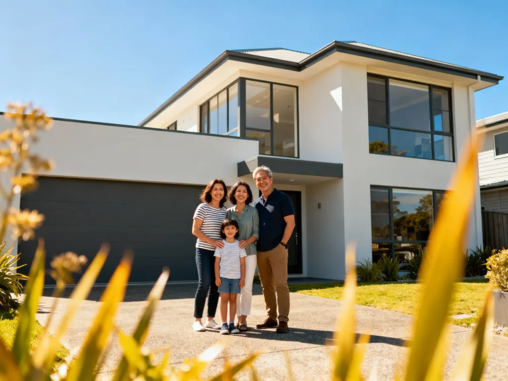 St Heliers family outside their Auckland basement home, waterproofed using Ardex solutions by A Waterproofing, following professional leak repair.