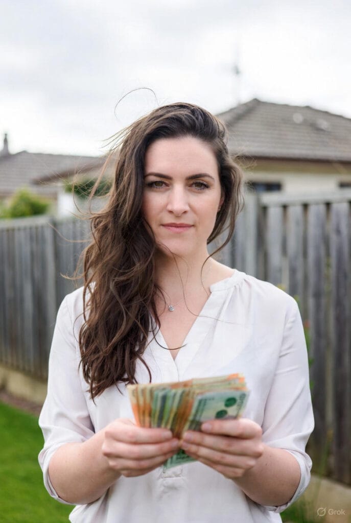 A woman with long brown hair, dressed in a white blouse, stands outside in front of a fence and houses, holding a bundle of New Zealand banknotes with her face obscured.