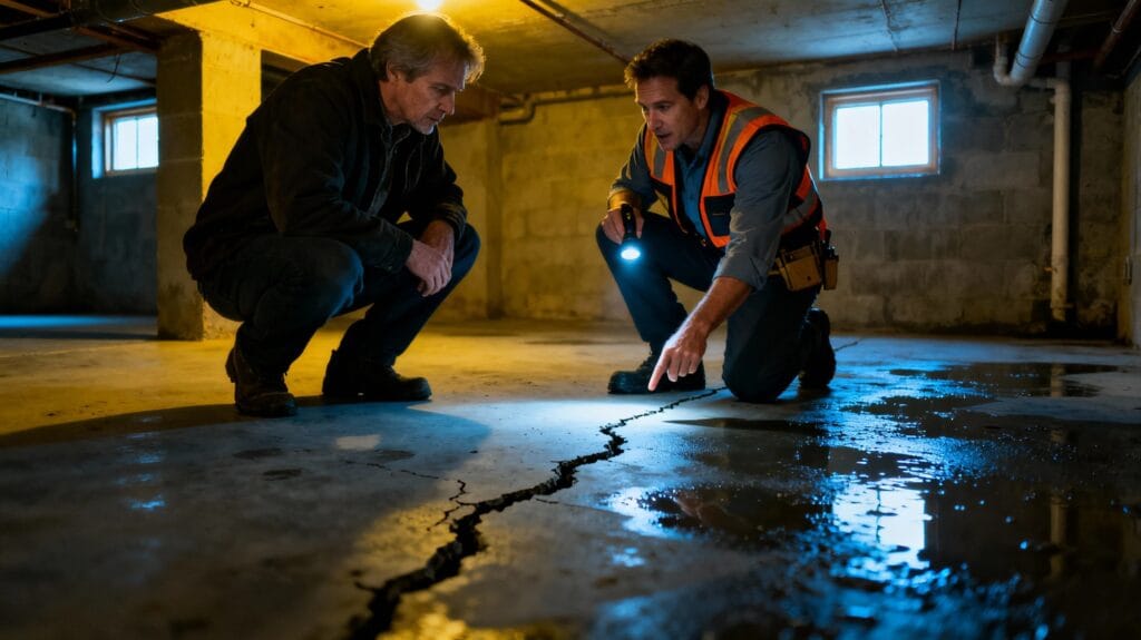 Professional waterproofer assessing cracked, damp basement floor with concerned homeowners