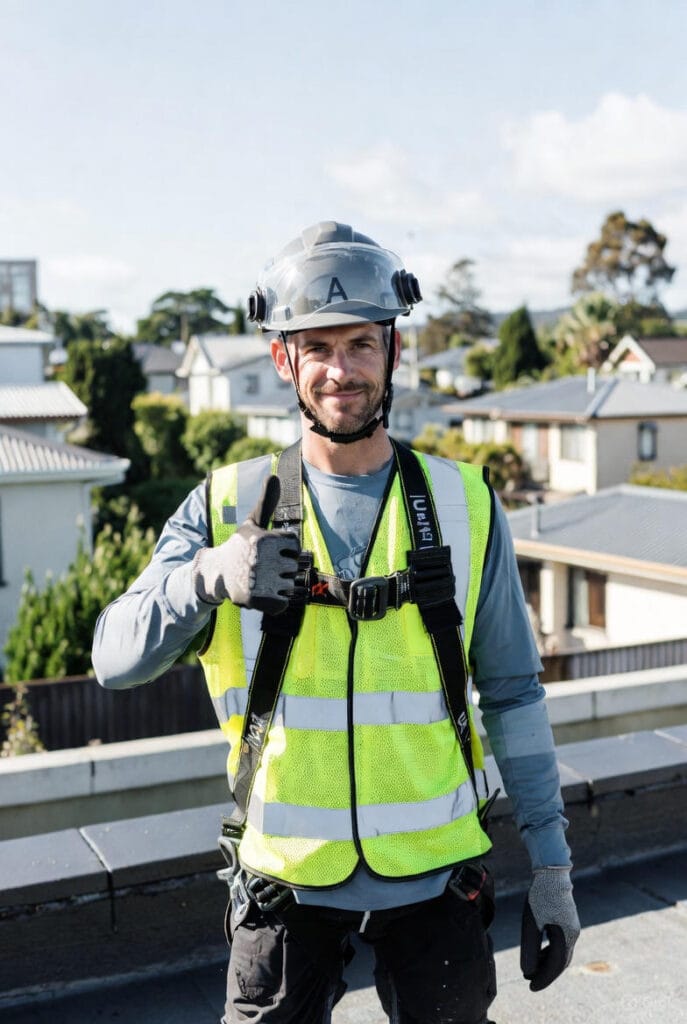 A waterproofer in a safety helmet, hi-vis vest, gloves, and harness stands on a rooftop, giving a thumbs-up, with Auckland suburban houses and trees in the background; his face is obscured.