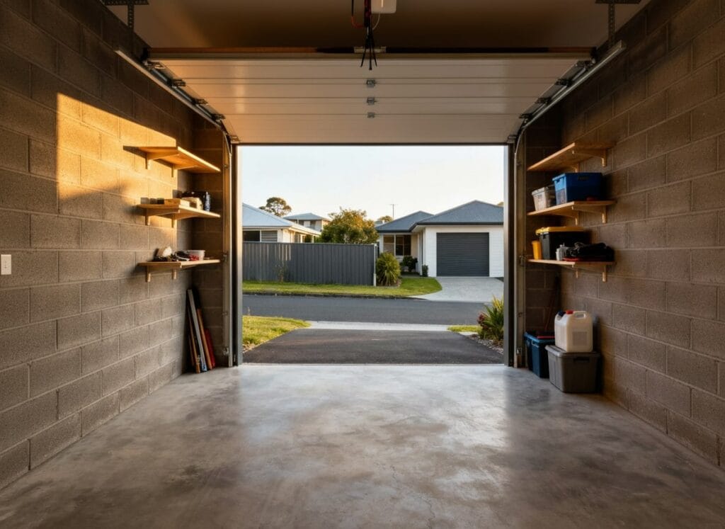 Damp Auckland garage with stained concrete walls and stored household items, showing moisture damage before professional waterproofing.