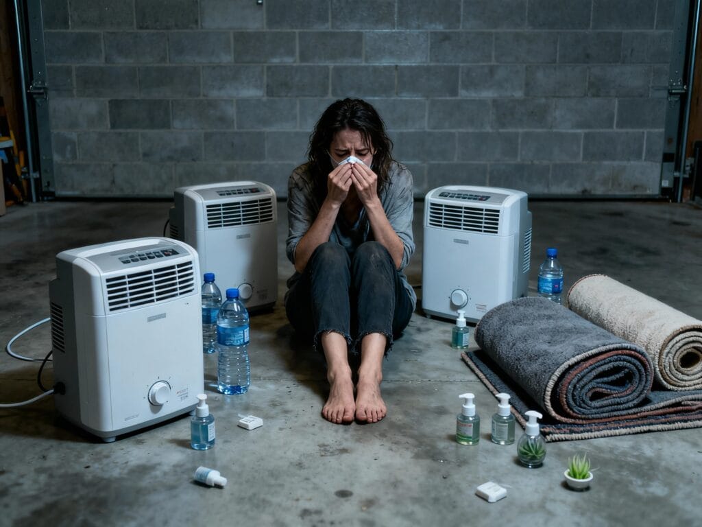Person sitting barefoot on a damp garage floor, surrounded by dehumidifiers, water bottles and rolled-up rugs, illustrating stress from musty moisture problems in a concrete