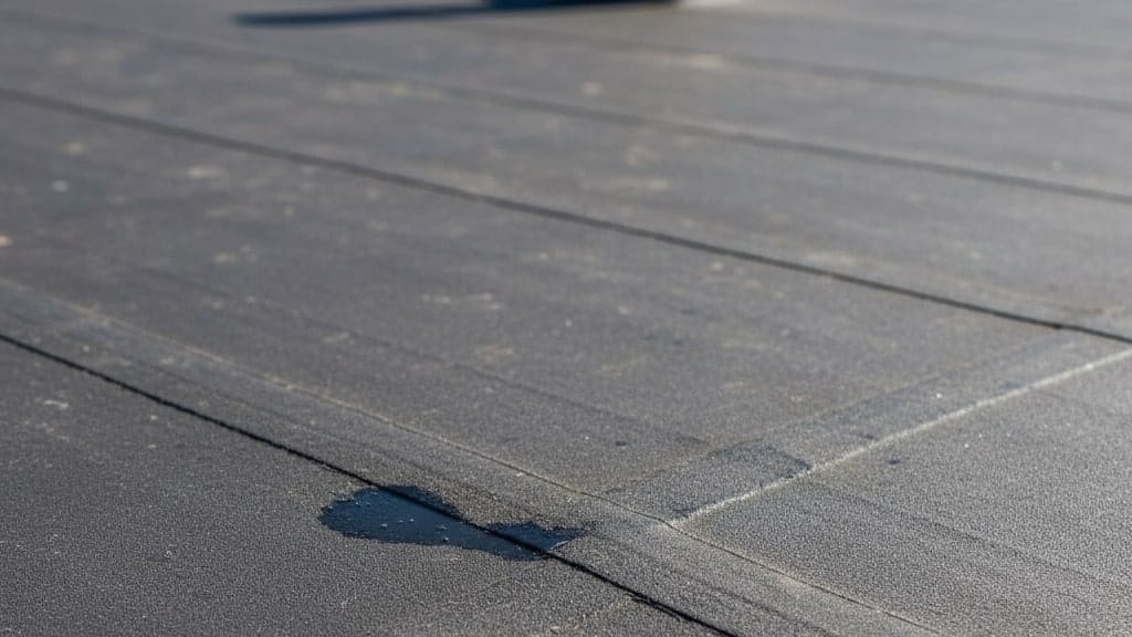 Close-up of an ageing Butynol membrane roof in Penrose, Auckland, showing a lap joint with a small puddle of water sitting on the seam.