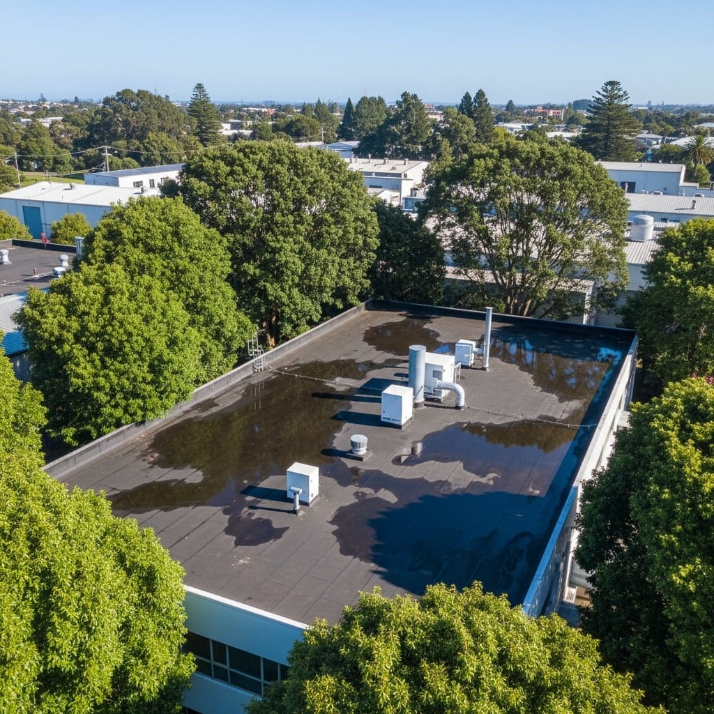 Aerial view of a commercial building in Penrose, Auckland, showing a flat black Butynol roof with noticeable ponding water around rooftop vents and units, surrounded by tall green trees and neighbouring industrial buildings.