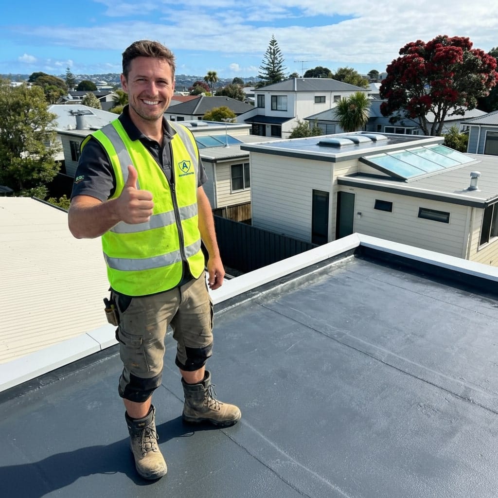 Auckland waterproofing expert on completed flat roof membrane replacement after removing old butynol roof system