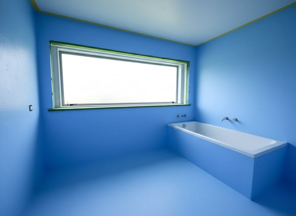 Bright blue waterproofed bathroom with seamless membrane Ardex WPM001 applied to floor and walls, built-in white bathtub on the right, and a large frosted horizontal window with green masking tape around the frame.