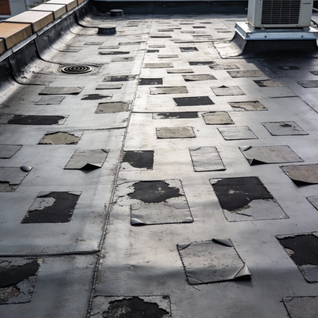 Failing butynol roof with multiple patches lifting and deteriorating showing typical wear and damage requiring replacement