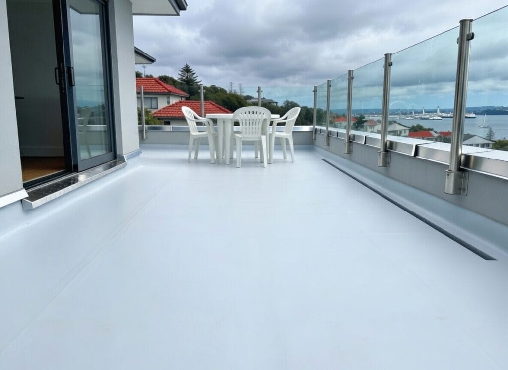 Spacious rooftop deck in Auckland with light grey TPO waterproofing membrane, glass balustrade, and white outdoor furniture overlooking suburban houses and the harbour on a cloudy day.