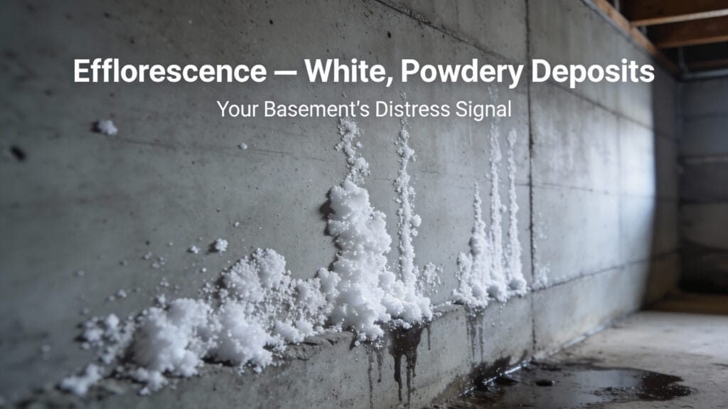 Close-up of white, powdery efflorescence deposits and water stains on a bare concrete basement wall, showing a clear sign of moisture ingress and potential waterproofing problems.