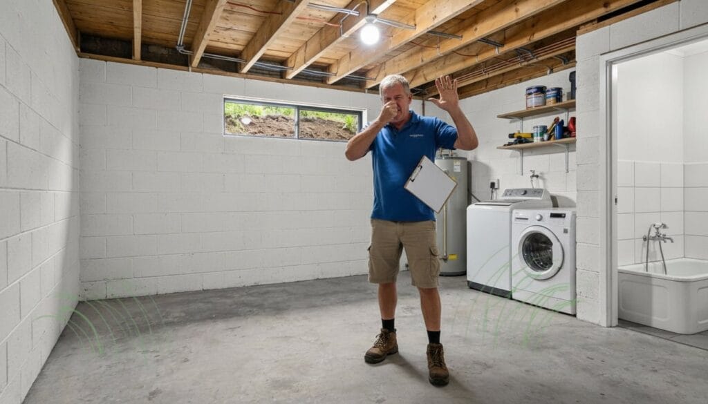 Basement or garage inspection with a tradesperson holding a clipboard, standing in a clean concrete room with laundry appliances, checking for early signs of moisture or water ingress.