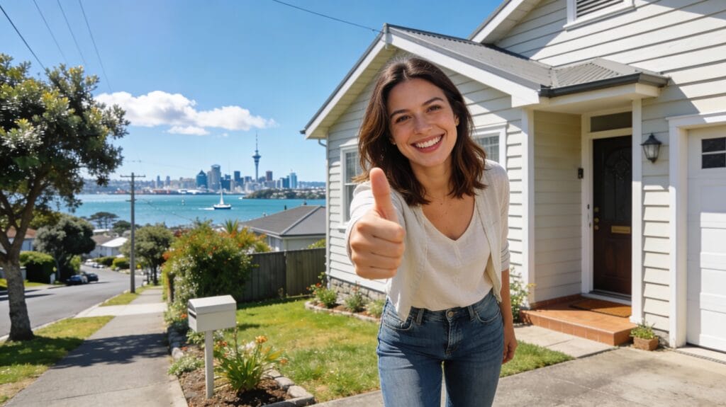 Satisfied Auckland homeowner giving thumbs up outside waterproofed home with Sky Tower and harbour views