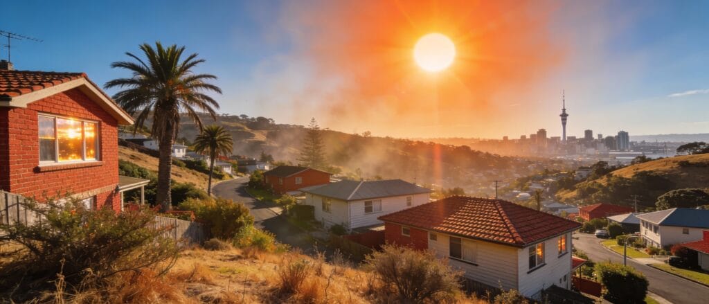 Auckland residential homes with flat and pitched roofs at sunset showing typical properties that may have butynol roofing