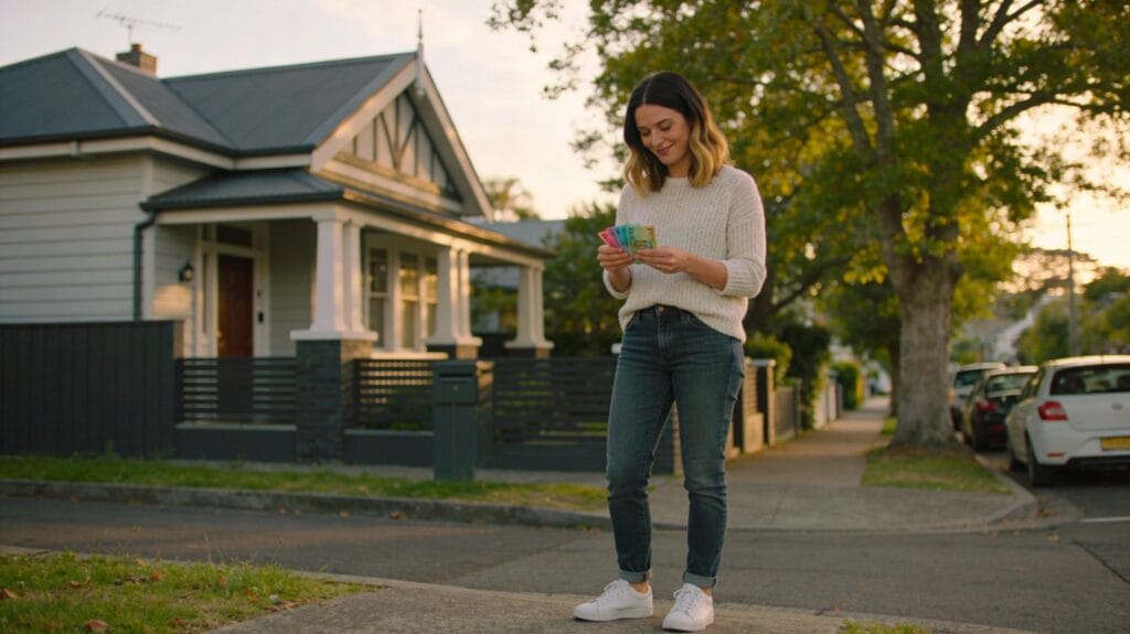 Woman standing on a quiet Auckland suburban street outside a modern villa-style house, counting colourful New Zealand banknotes in her hands.