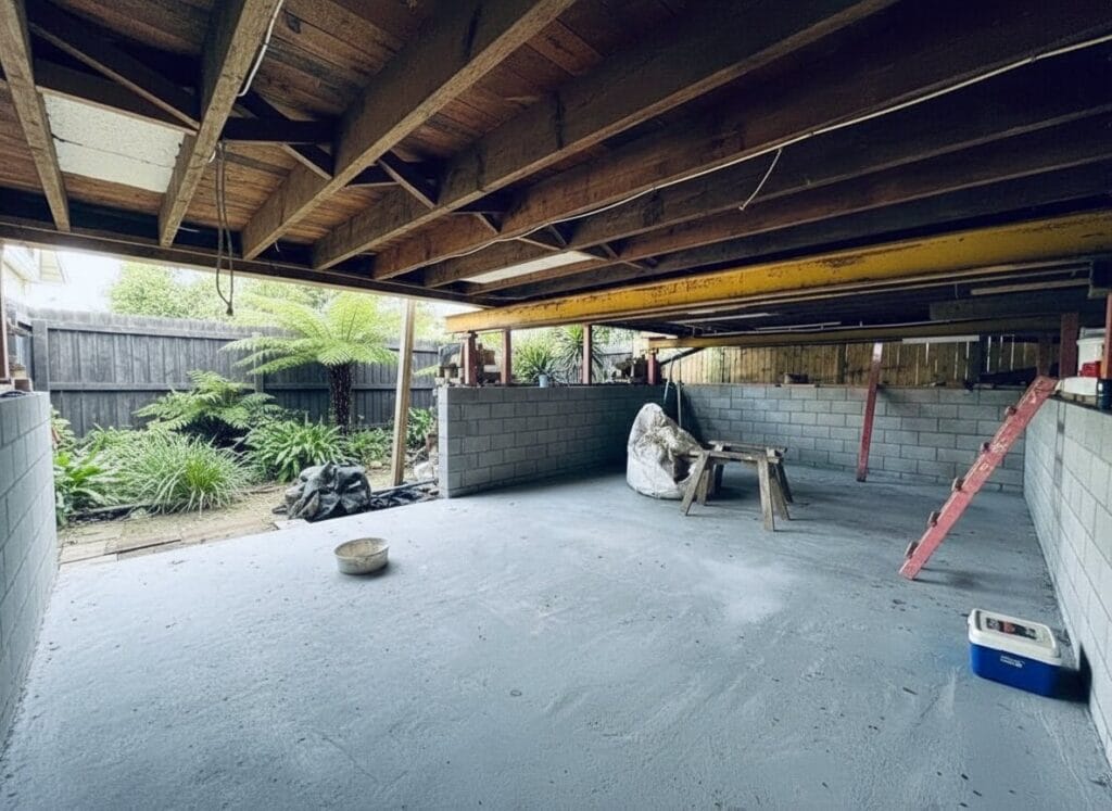 Open under-house basement space with freshly waterproofed concrete floor, exposed timber joists, partial concrete block walls, and garden outlook, ready for future basement renovation work.