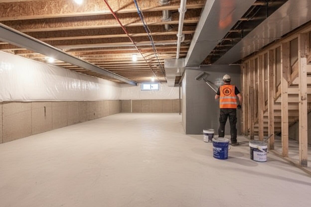 Waterproofing specialist applying internal waterproofing membrane to basement walls with a paint roller in an Auckland basement renovation, with exposed timber framing, installed drainage membrane, and paint buckets on the sealed concrete floor