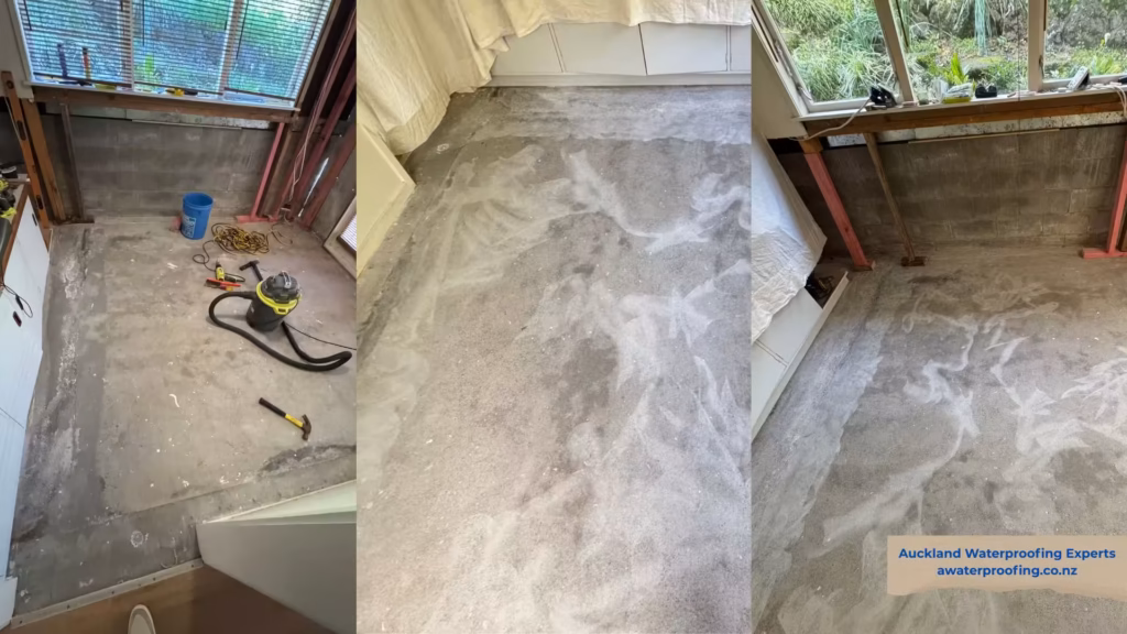 Three-panel before concrete floor waterproofing renovation in North Shore Auckland, showing stripped interior, ARDEX before membrane application, by Auckland Waterproofing Experts