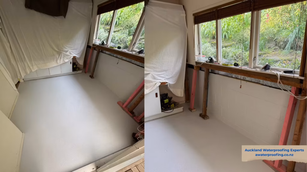 Ardex WPM 300 HydrEpoxy waterproofing membrane applied to internal concrete floor during North Shore renovation Case Study