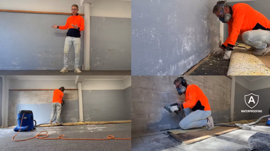Garage wall prepared for internal waterproofing in Auckland