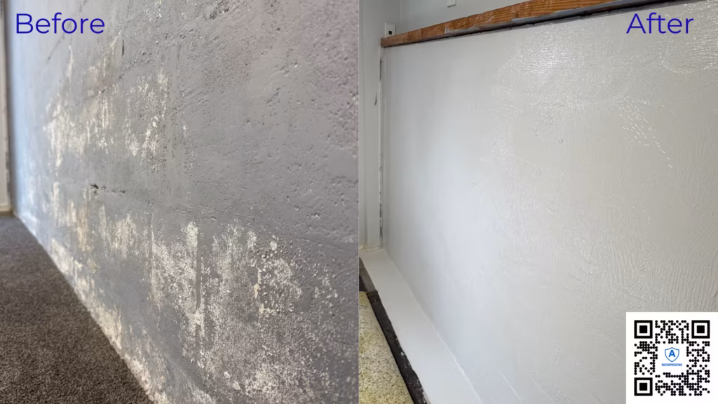 Before-and-after view of garage wall waterproofing repair for rising damp and efflorescence in Auckland