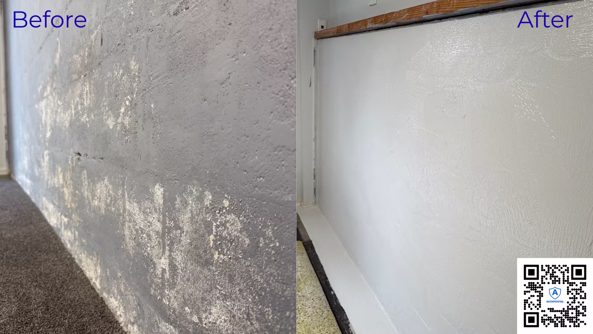 Before-and-after view of garage wall waterproofing repair for rising damp and efflorescence in Auckland