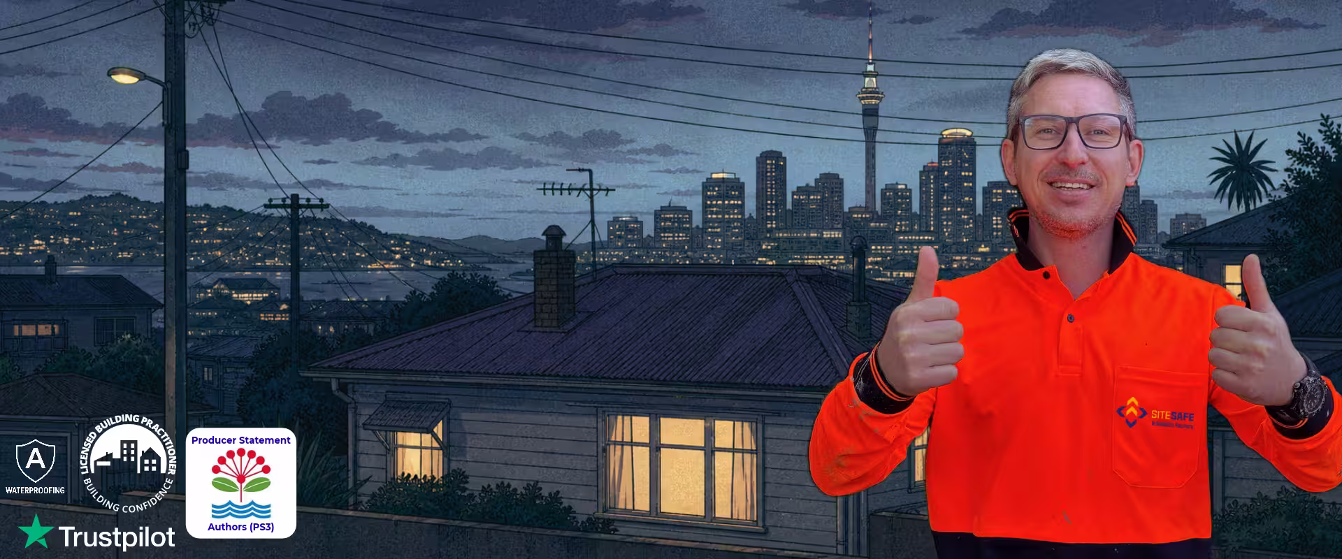 Producer Statement Authors (PS3) Auckland in the background, Alex from Auckland Waterproofing Experts in the foreground, LBP, PS3, Trustpilot