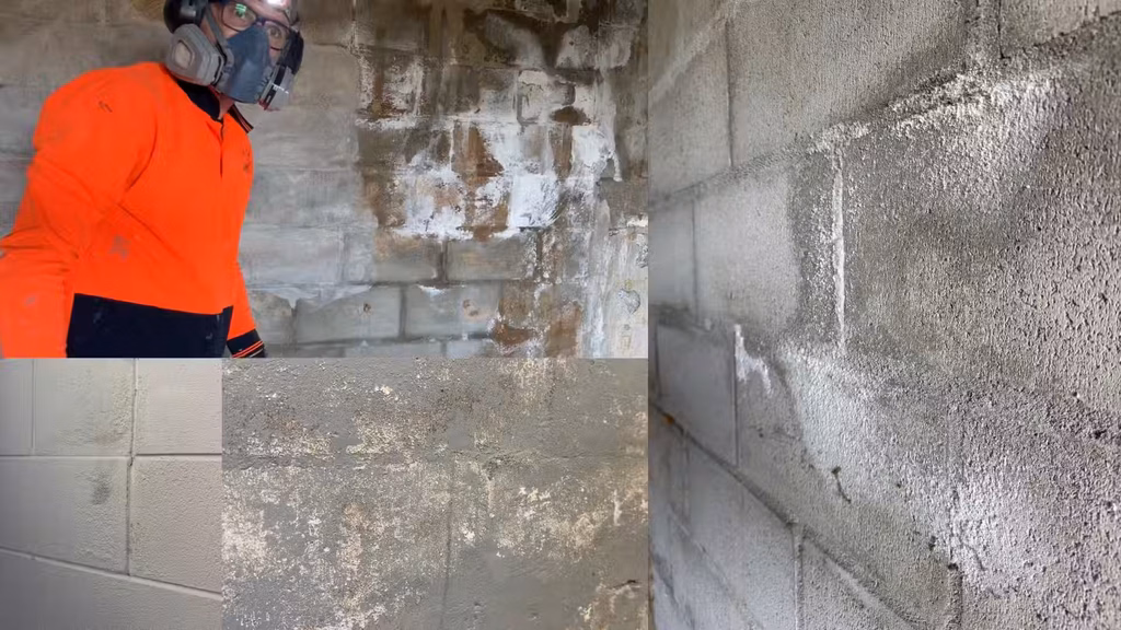 White efflorescence on basement block walls caused by moisture penetration.
