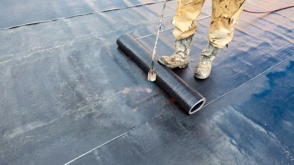 roof waterproofing torch on membrane installation in the process